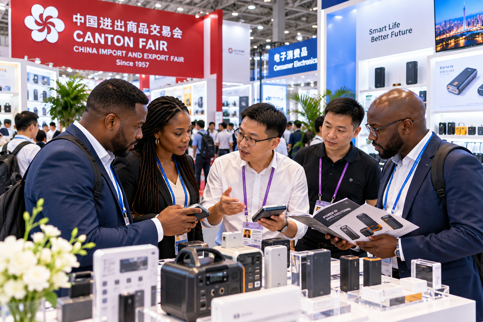 International entrepreneurs connecting with Chinese suppliers at a trade exhibition